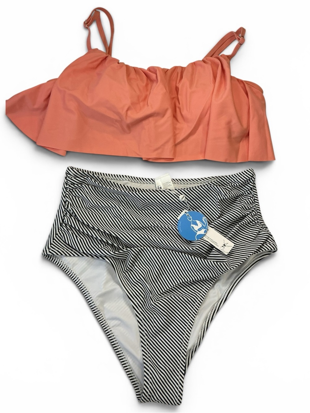 Peach Ruffle Bikini Top with Blk & Wht High Waist Striped Ruched bottoms NWT M
